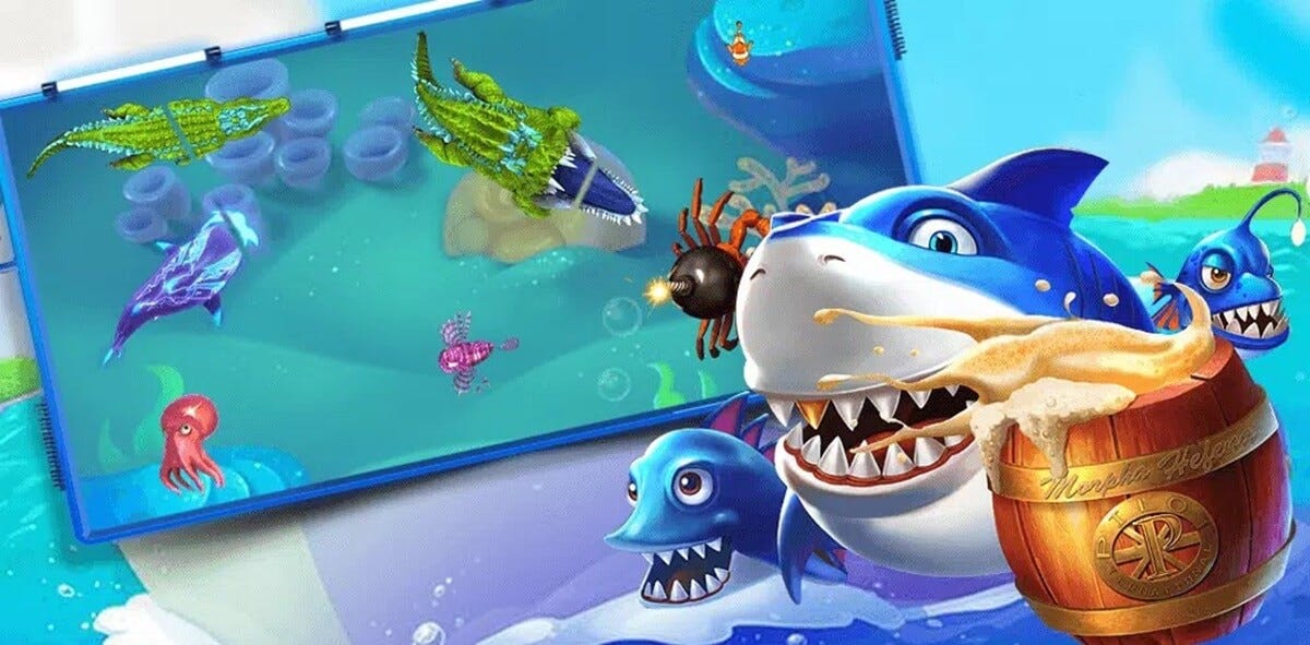 ภาพเกมยิงปลาที่มีปืนใหญ่และเป้าหมายใต้น้ำหลากหลาย